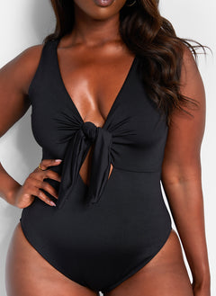 Happy Hour Tie Front Keyhole Swimsuit - Black