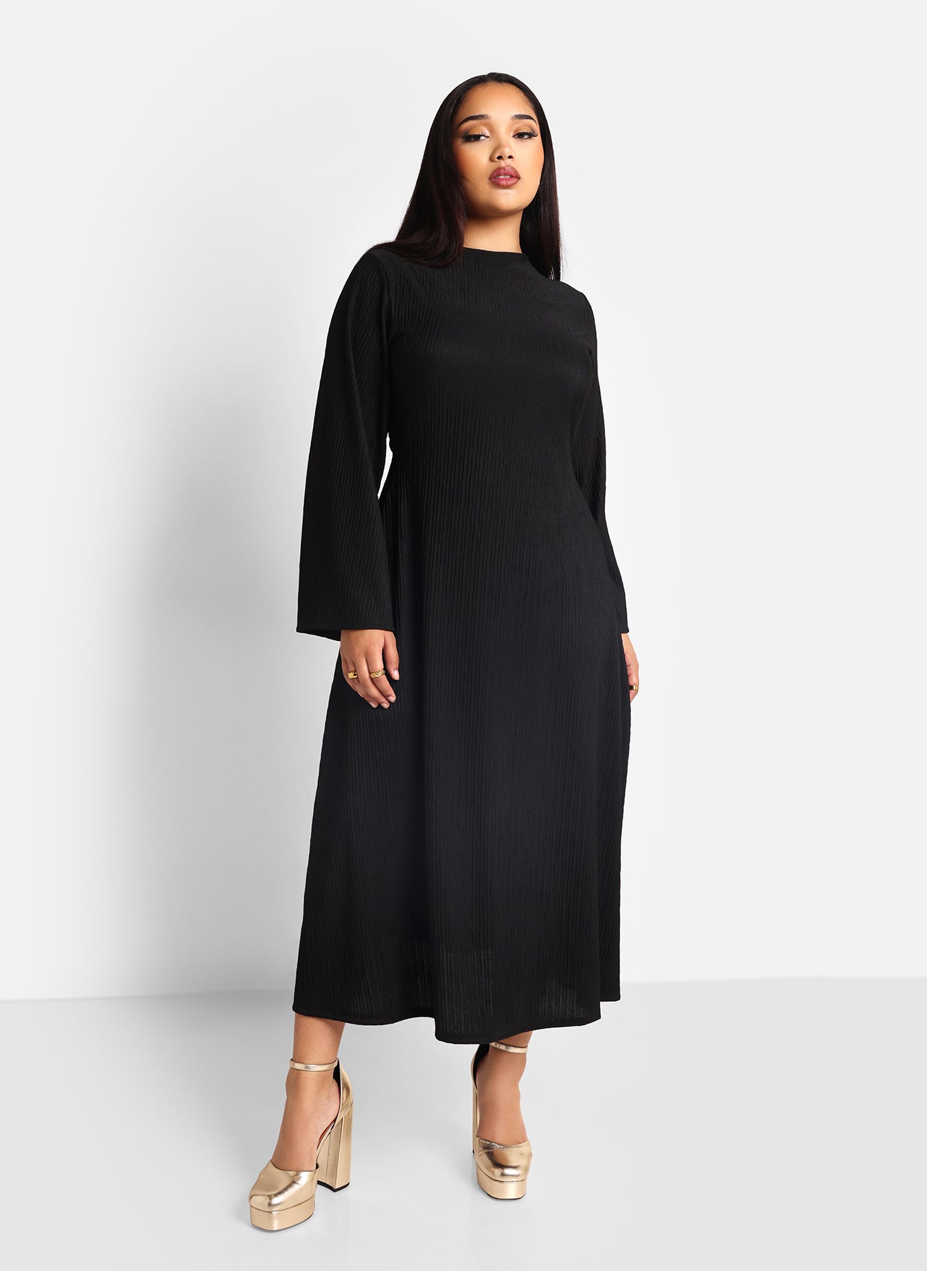 Helga Textured Flare Sleeve Midi Shift Dress