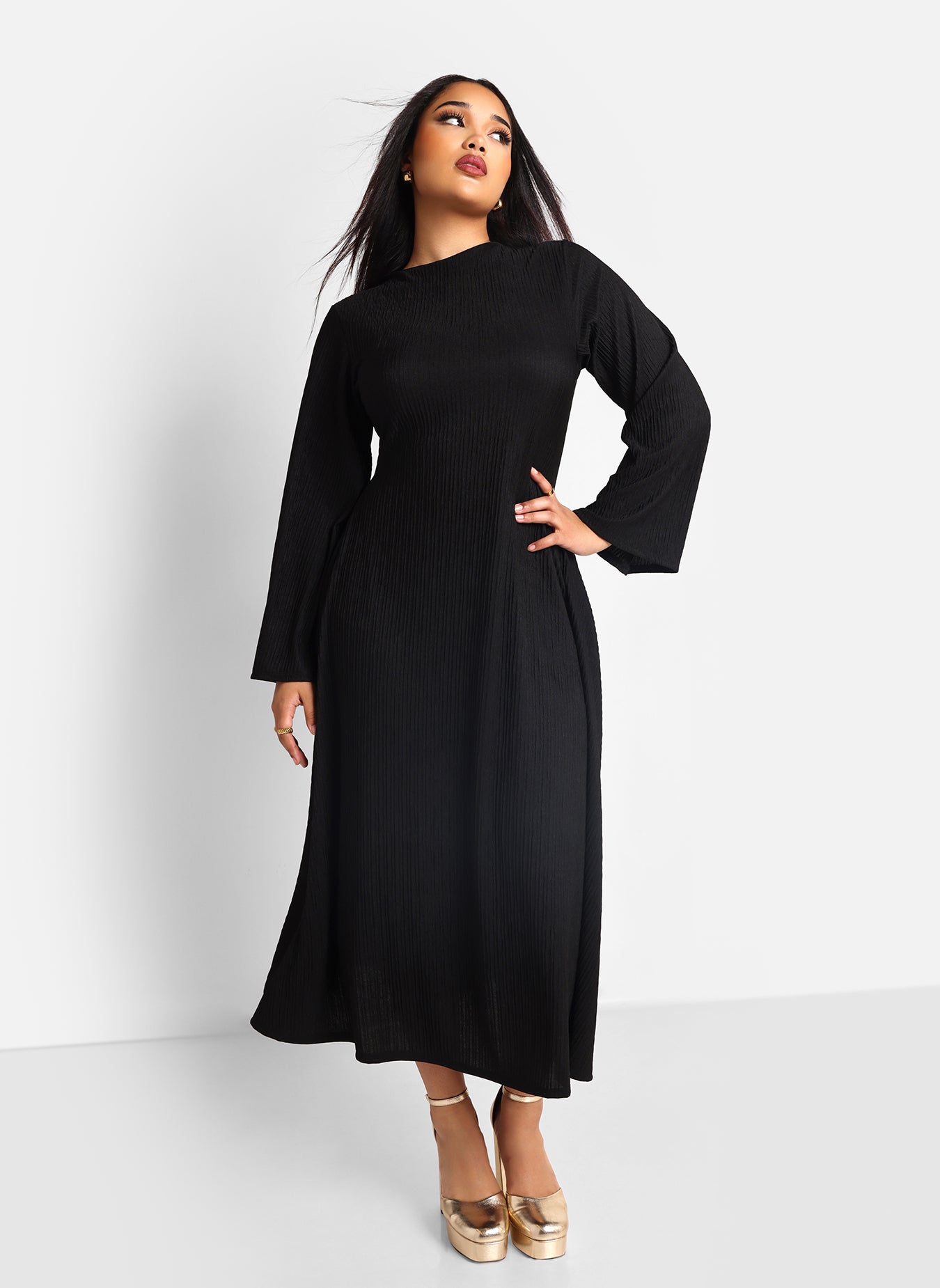 Helga Textured Flare Sleeve Midi Shift Dress