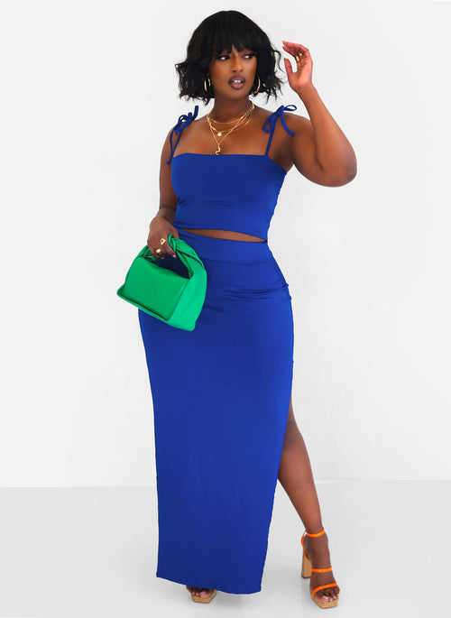 Hottie Tie Strap Crop Top & Thigh Slit Maxi Bodycon Skirt  - Royal Blue
