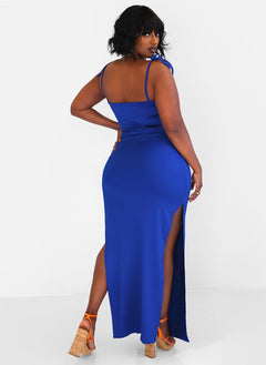Hottie Tie Strap Crop Top & Thigh Slit Maxi Bodycon Skirt  - Royal Blue
