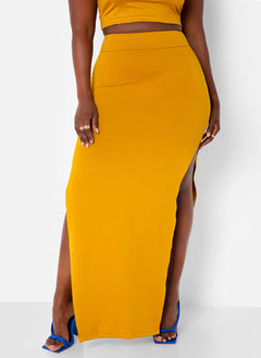 Hottie Tie Strap Crop Top & Thigh Slit Maxi Bodycon Skirt - Mustard