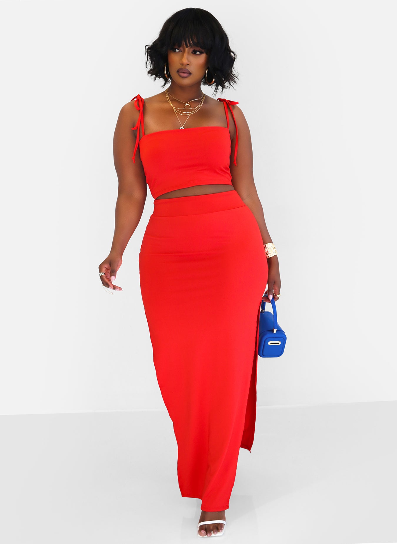 Hottie Tie Strap Crop Top & Thigh Slit Maxi Bodycon Skirt  - Red