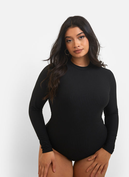 I Got It Ribbed Turtleneck Long Sleeve Bodysuit - Black