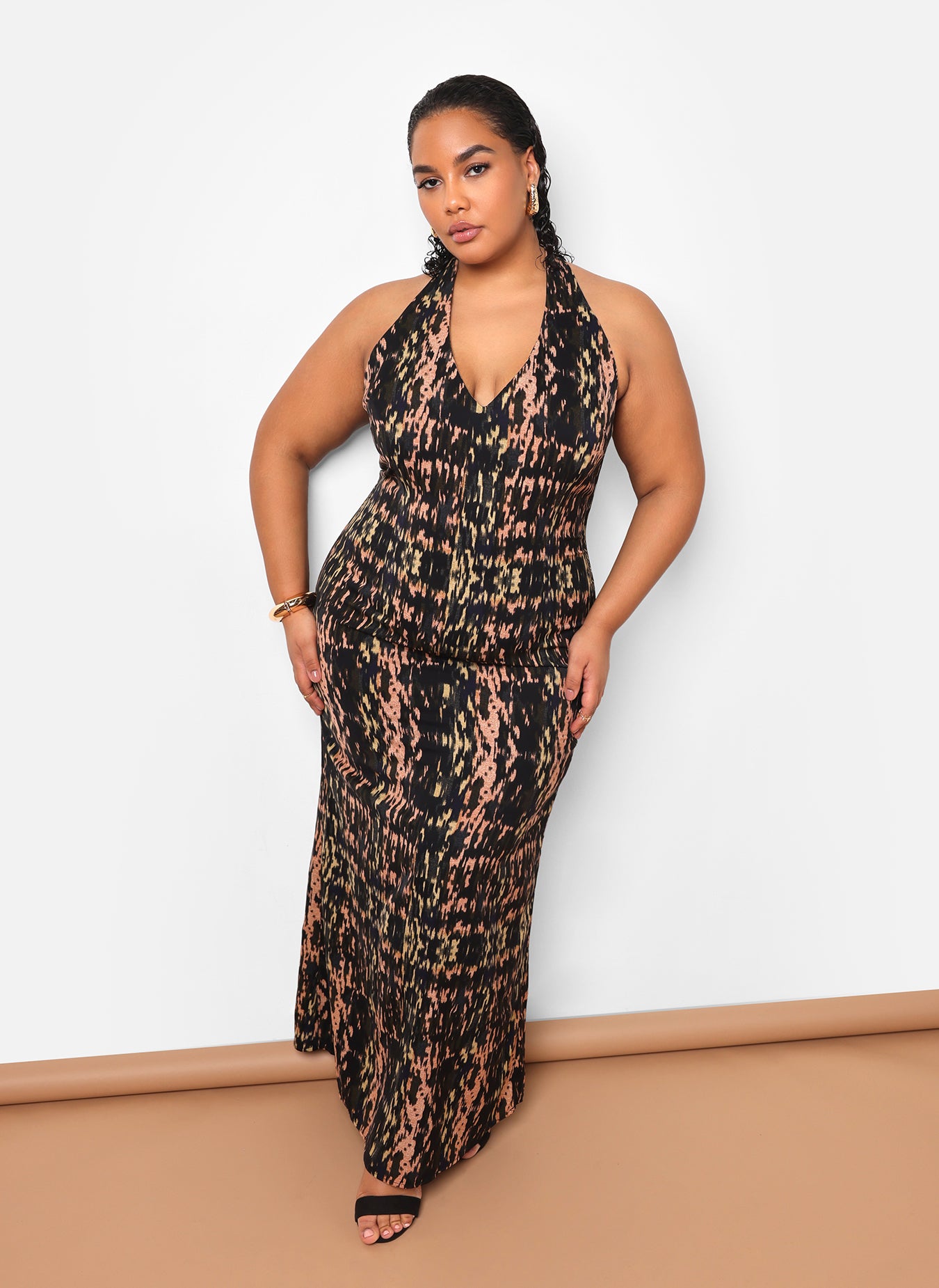 Indie Abstract Print Halter Maxi Bodycon Dress