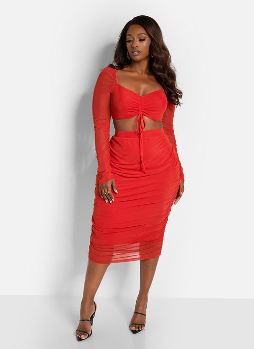 In Your Dreams Ruched Midi Bodycon Skirt - Red