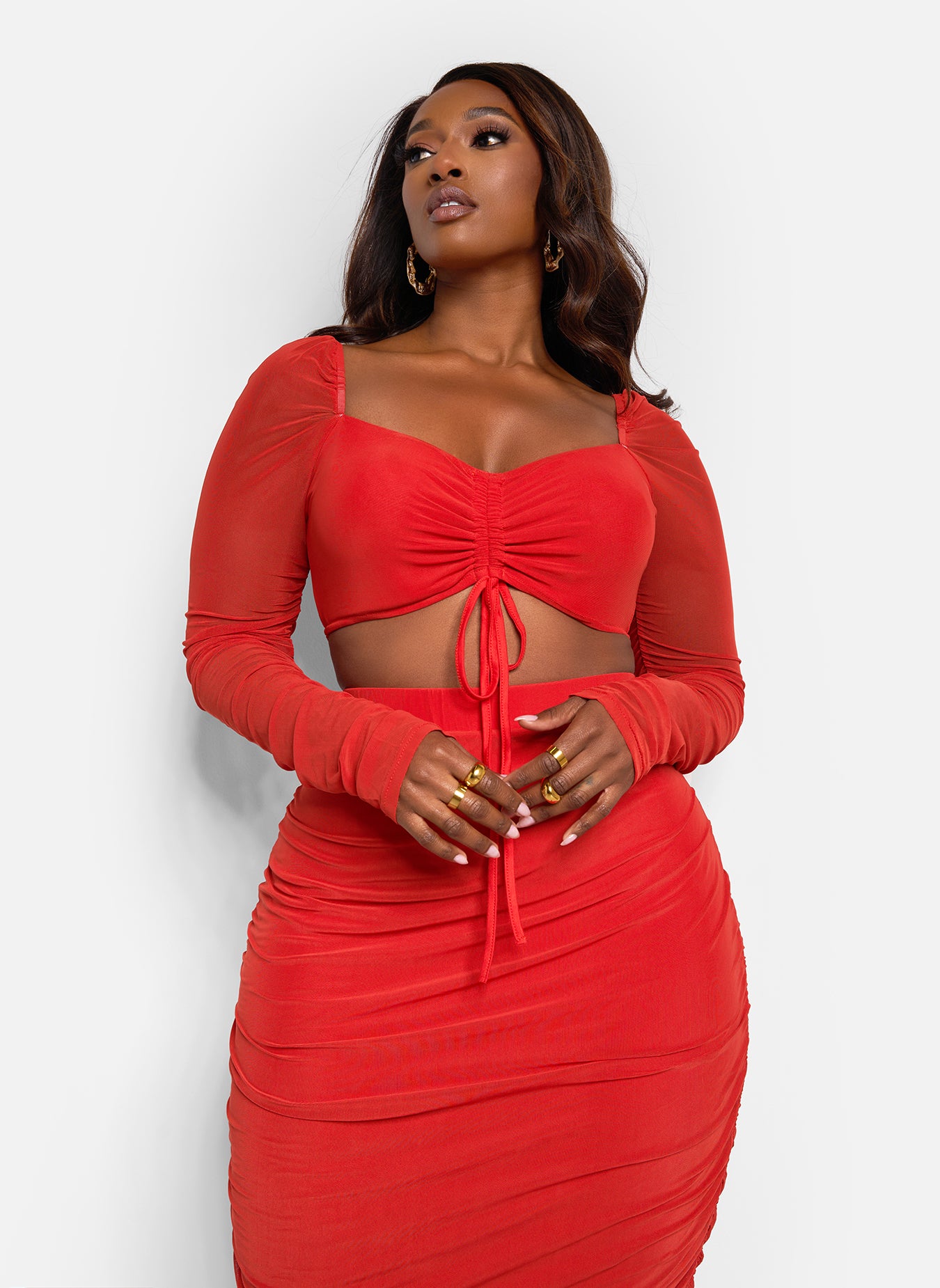 In Your Dreams Ruched Midi Bodycon Skirt - Red