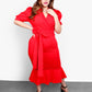 It's Possible Puff Sleeves Ruffled Hem Midi Dress- Red