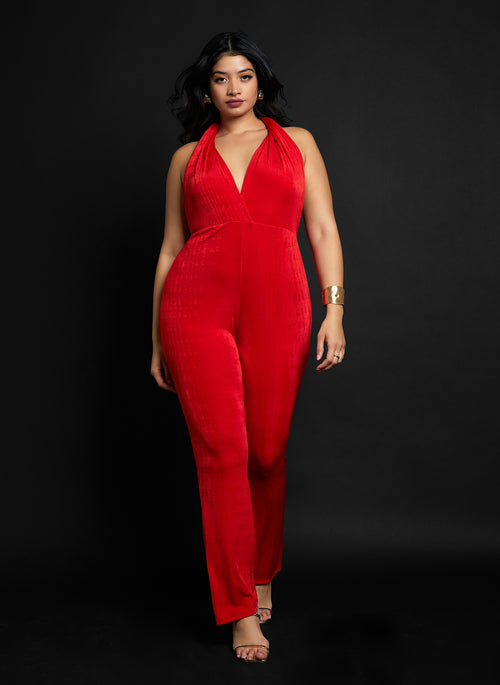 Ivanna Slinky Wrap Neck Bell Bottom Jumpsuit