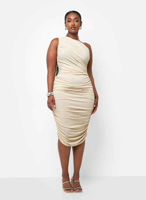 Karina Slinky One Shoulder Midi Bodycon Dress - Sand