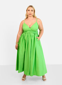 Kismet Poplin Belted Maxi Skater Dress - Lime