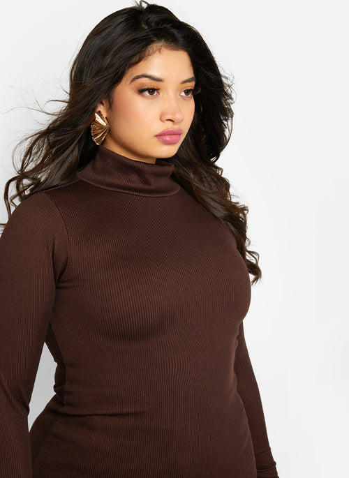 Libby Ribbed Turtleneck Long Sleeve Top - Dark Brown