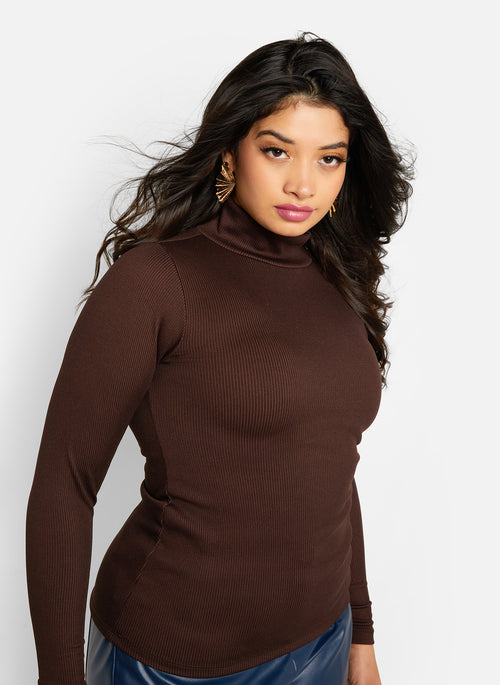 Libby Ribbed Turtleneck Long Sleeve Top - Dark Brown