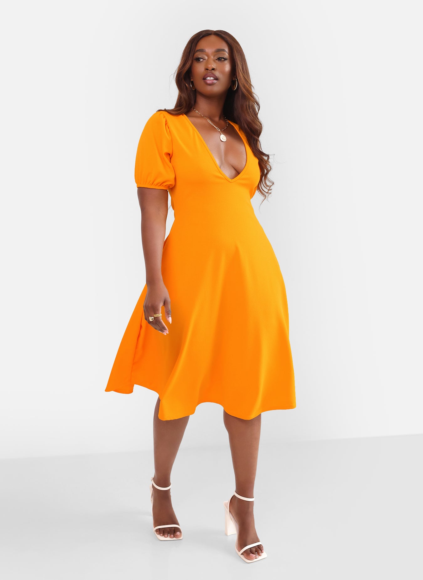 Lily Puff Sleeve A Line Midi Dress w. Pockets