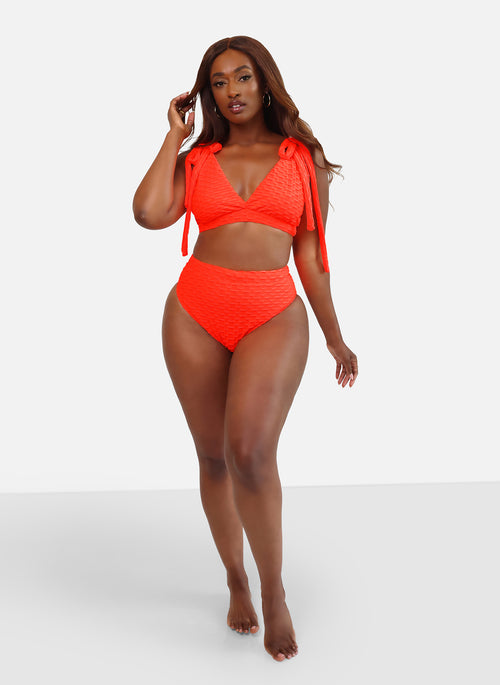 Link Up Popcorn Texture High Waist Swim Bottom- Neon Orange