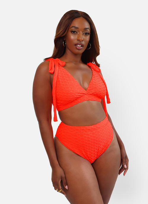 Link Up Popcorn Texture High Waist Swim Bottom- Neon Orange