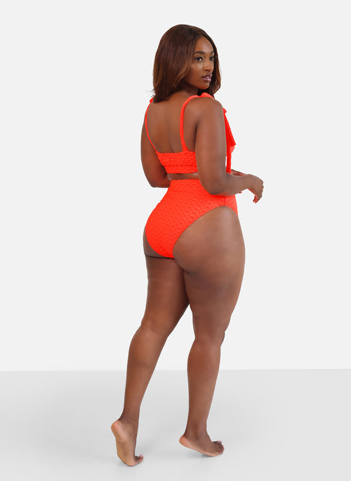 Link Up Popcorn Texture High Waist Swim Bottom- Neon Orange