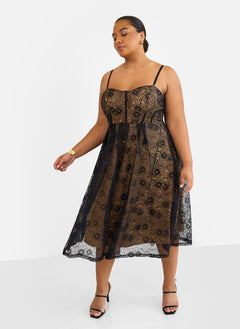 Lorelei Lace Overlay Midi A Line Dress - Black