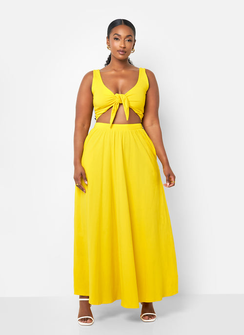 Love Story Crop Top & Maxi Skater Skirt Set - Yellow