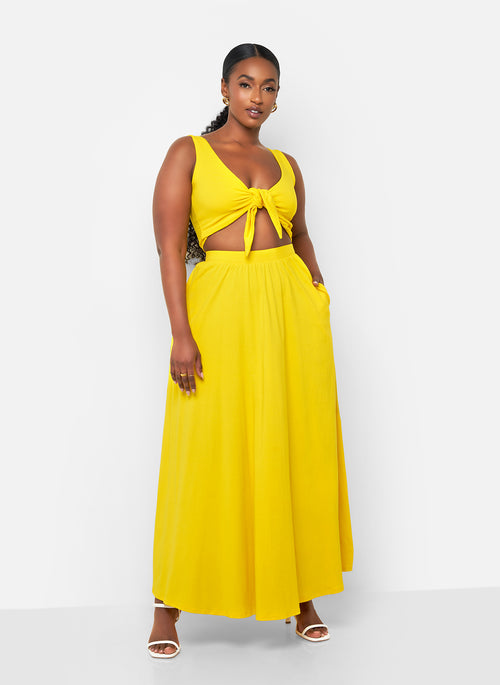 Love Story Crop Top & Maxi Skater Skirt Set - Yellow