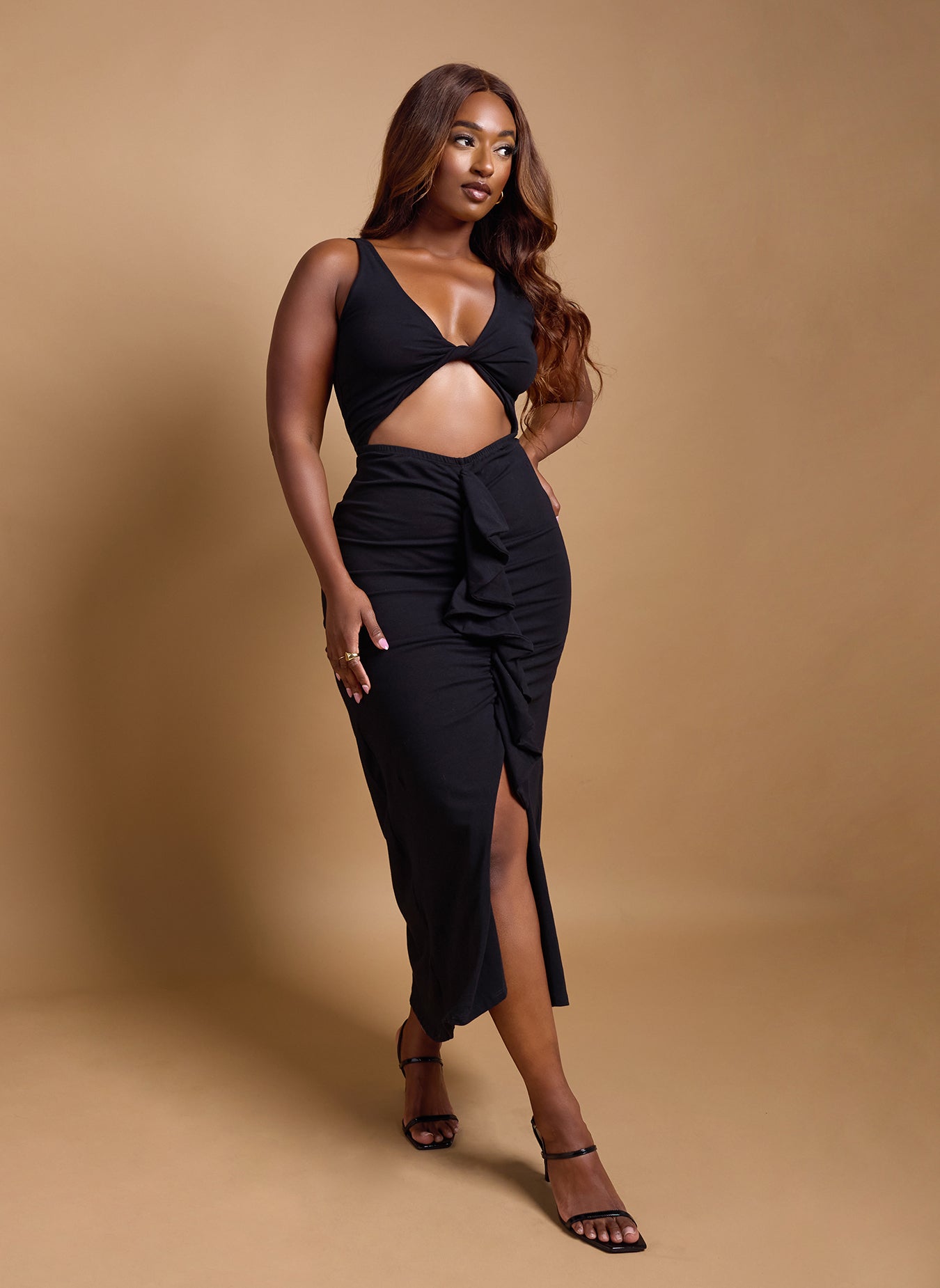 Luna Ruffed Cut Out Maxi Dress L: 10-12 / Black at Rebdolls Luna Ruffed Cut Out Maxi Dress L: 10-12 / Black at Rebdolls