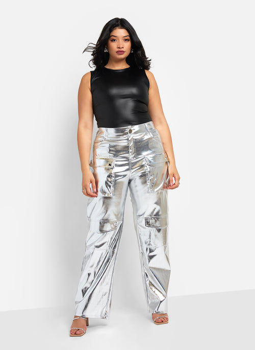 Lena Metallic Wide Leg Cargo Pants - Silver Croc