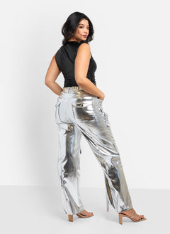 Lena Metallic Wide Leg Cargo Pants - Silver Croc