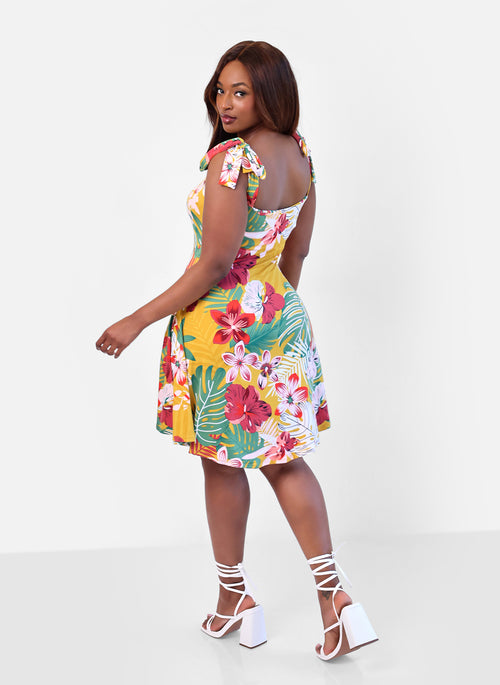 Maui Tropical Print A-Line Midi Dress