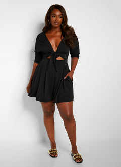 Mellow Day Tie Front Wide Leg Romper - Black