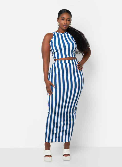 Michelle Stripe Maxi Bodycon Skirt - White & Navy