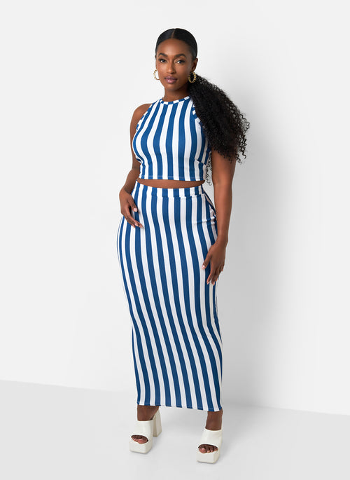 Michelle Stripe Maxi Bodycon Skirt - White & Navy