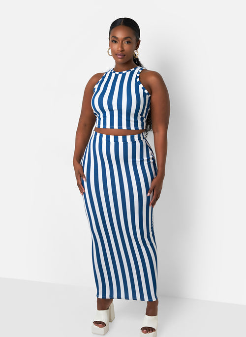 Michelle Stripe Maxi Bodycon Skirt - White & Navy