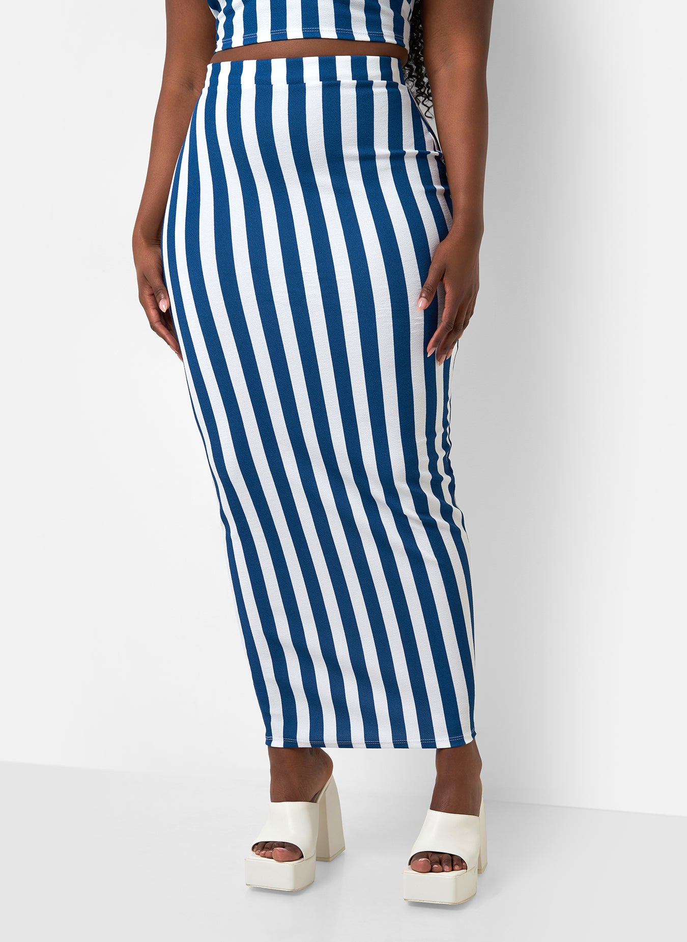 Michelle Stripe Maxi Bodycon Skirt - White & Navy