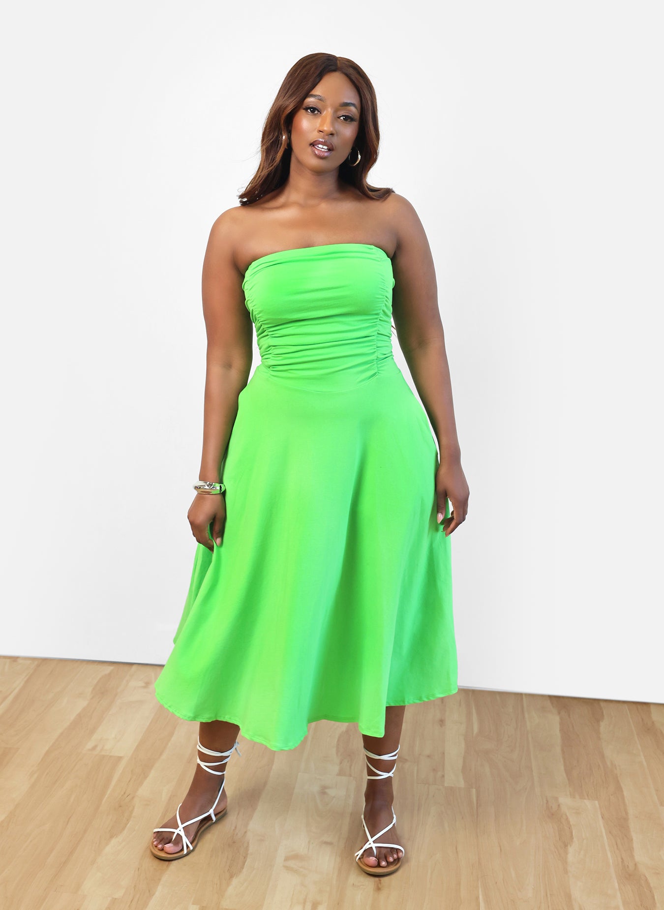 Mind On you Ruched Mini Skater Dress - Lime Green