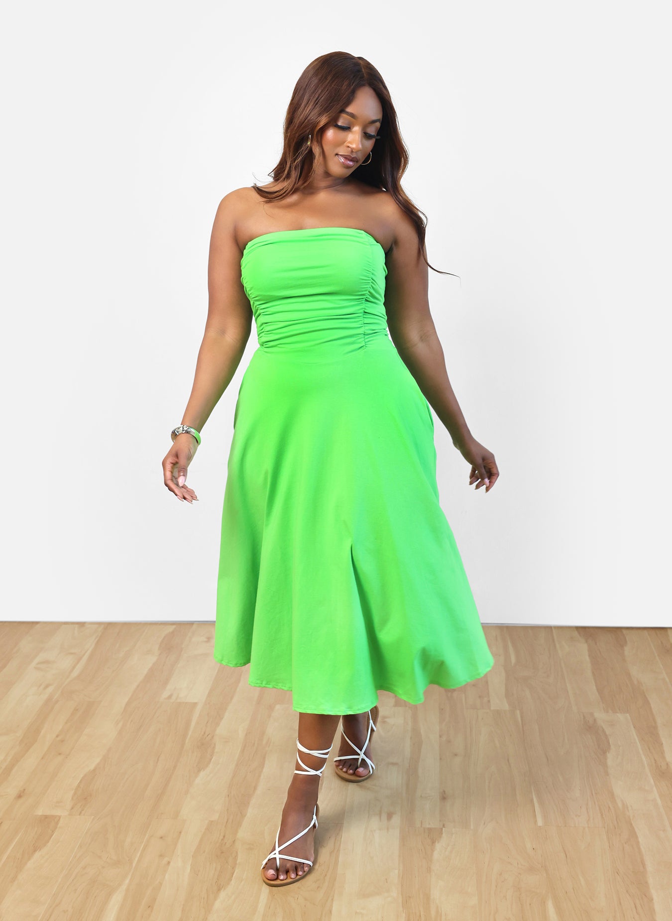 Mind On you Ruched Mini Skater Dress - Lime Green