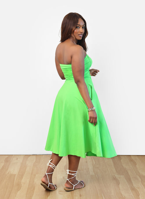 Mind On you Ruched Mini Skater Dress - Lime Green