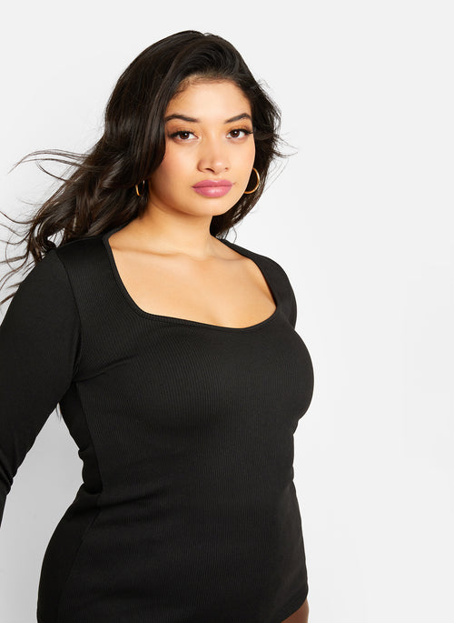 Mindy Ribbed V Neck Long Sleeve Top - Black