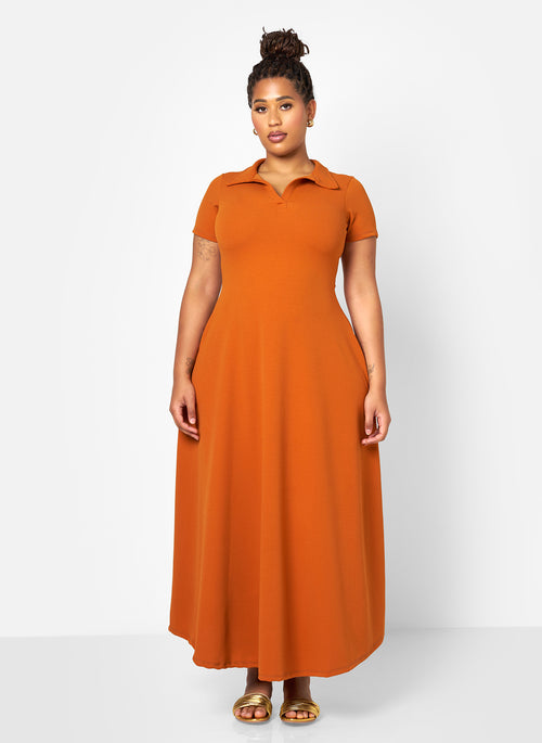 Morgana Crepe Collared Maxi A Line Dress - Spice