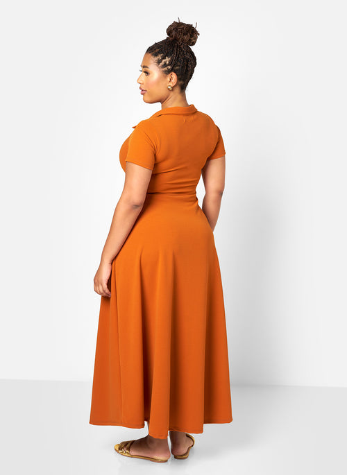 Morgana Crepe Collared Maxi A Line Dress - Spice