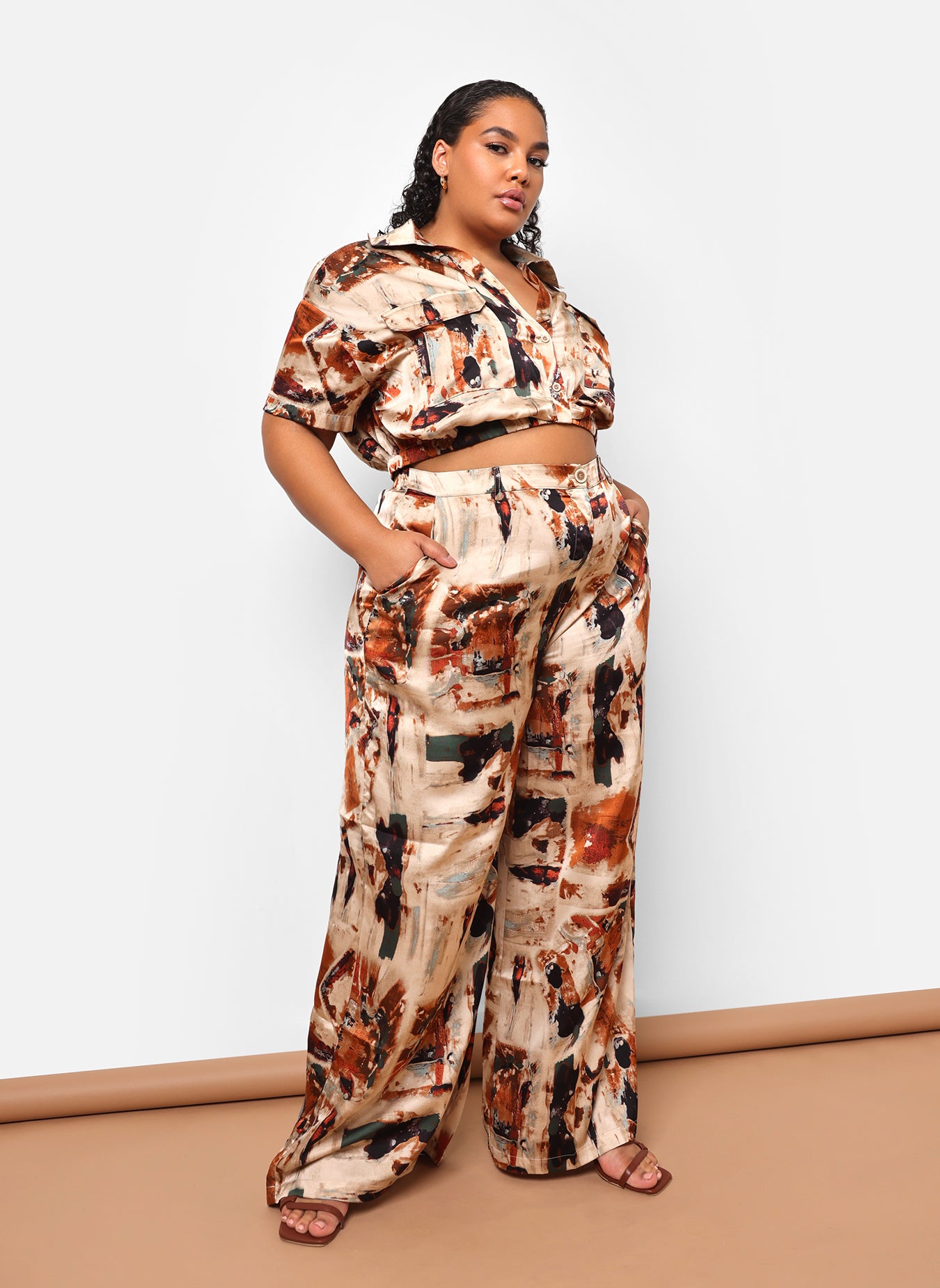 Naima Satin Abstract Print Knotted Front Crop Top