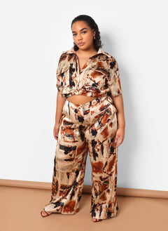 Naima Satin Abstract Print Knotted Front Crop Top