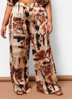 Naima Satin Abstract Print Wide Leg Pant W. Pockets