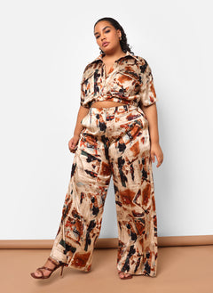 Naima Satin Abstract Print Knotted Front Crop Top