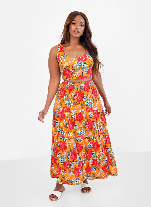 Nakia Tropical Print Skater Maxi Skirt