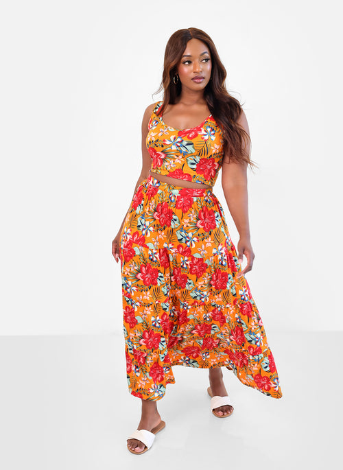 Nakia Tropical Print Skater Maxi Skirt