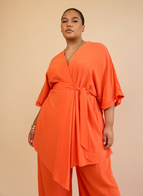 Nayeli Linen Longline Wrap Blouse - Burnt Orange