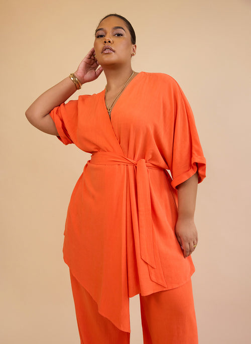 Nayeli Linen Longline Wrap Blouse - Burnt Orange