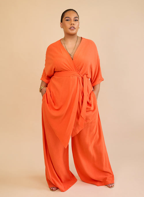 Nayeli Linen Longline Wrap Blouse - Burnt Orange