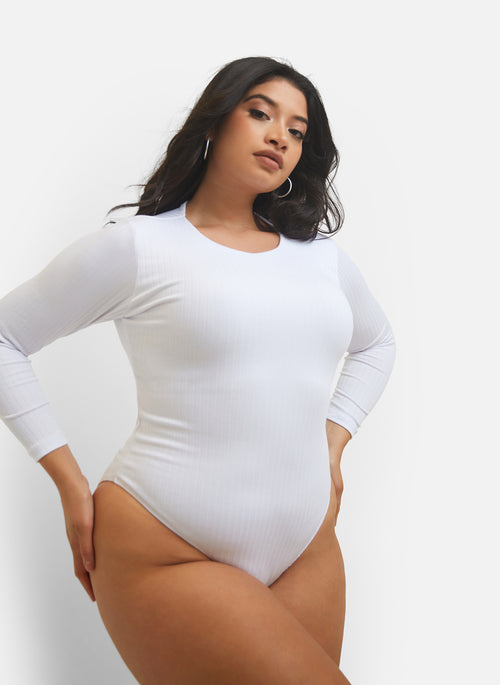 Need It Ribbed Long Sleeve Bodysuit - White