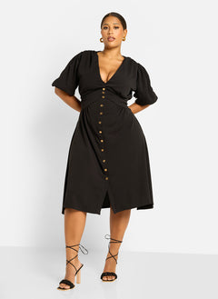 Nila Button Detail Skater Midi Dress - Black